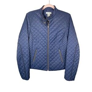 Women's Orvis Navy Blue Quilted‎ Jacket M Mandarin Collar Snap Front